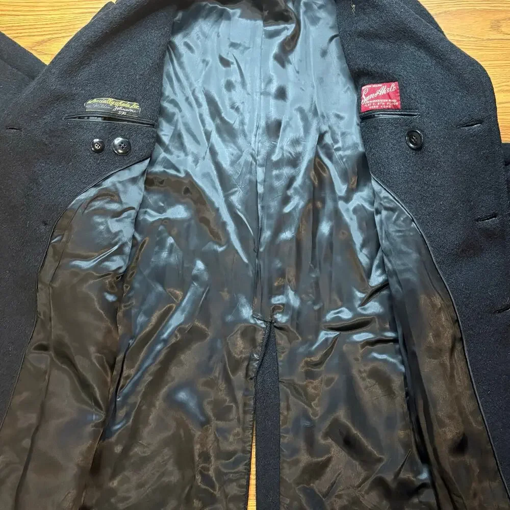 Vintage 1960s Custom Tailored Wool Overcoat Peacoat Black Mens Large Hong Kong